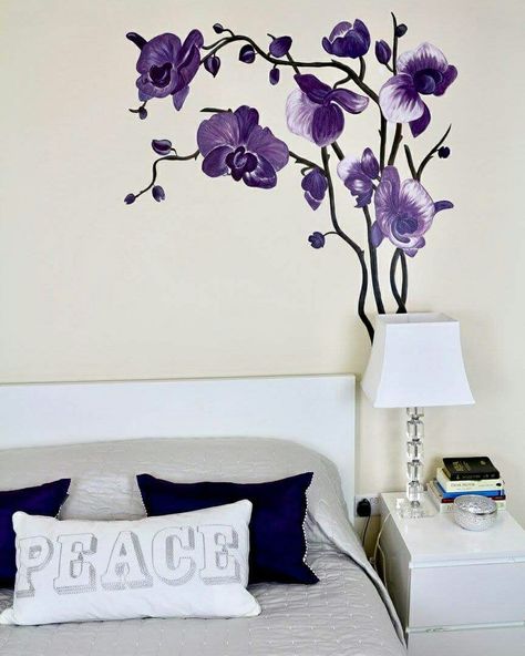 Purple orchid mural for bedroom by P. Abbade Orchid Mural, Aesthetics Room Decor, Mural For Bedroom, Lights Room, Room Decoration Bedroom, Room Decoration Aesthetic, Decorations Lights, Purple Painting, Purple Bedroom