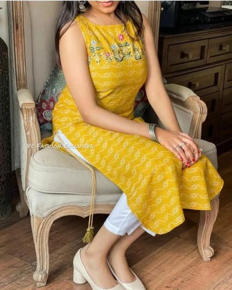 ₹675 Pure printed cotton kurti with rayon pants Beautiful thread embroidery mirror work on yoke Nd side taseel Dori With attached mega sleeves Size Available M to xxl Material- pure cotton katha fabric Perfect look for summer Colour Yellow Pink Length 46 Pant 38 Best quality ❤️ org... Bandhej Dresses, Embroidery Mirror Work, Yellow Kurti, Set Kurti, Kurta Top, Embroidery Mirror, Kurtis Tops, Rayon Kurtis, 2piece Outfits