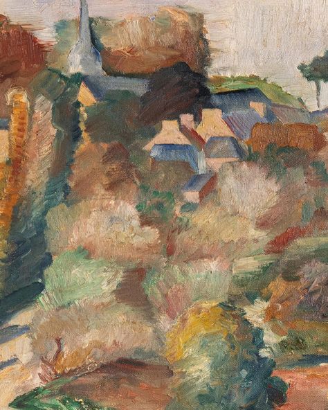 New in, this large early 20th-century oil painting on canvas depicts a hilly landscape with a village surrounded by trees. It showcases a sumptuous palette of colours where rich reds and ochres contrast with fresh greens and cool greys. Trees and bushes are rendered in particularly expressive brushstrokes that add an attractive movement to the landscape. Available now on our website. Cool Greys, Hilly Landscape, British Country, Wood Oil, Fresh Green, The Landscape, House In The Woods, Oil Painting On Canvas, Early 20th Century