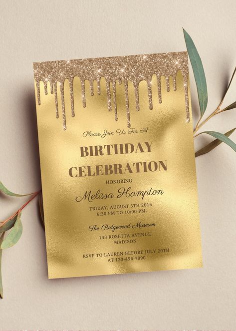 Editable gold birthday celebration invitation perfect for your next birthday party or birthday dinner. This gold invitation can be edited yourself using Canva. If you choose to print yourself the print size is 5x7 and can be printed on cardstock invitation paper. You can also have the completed file taken to your local print shop and have them print. Can also be saved as an image to use as a text invitation or email invitation. All the wording is editable. Details: Gold birthday invitation with 24 Karat Birthday, Golden Birthday Themes, Birthday Celebration Invitation, Gold Theme Birthday, Gold Theme Party, Golden Birthday Parties, Gold Birthday Decorations, 20 Birthday, Email Invitation