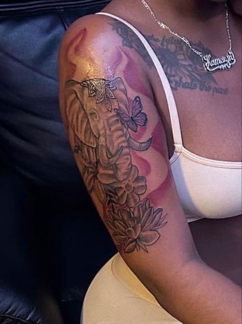 Upper Arm Tattoos For Black Women, Female Half Sleeve Tattoo Upper Arm, Sholdertatoos Women, Pretty Tattoos For Women Thigh Piece, Shoulder Tattoos For Black Women, Forearm Tats For Women, Arm Tattoos Black, Arm Sleeve Tattoos For Women, Girl Arm Tattoos