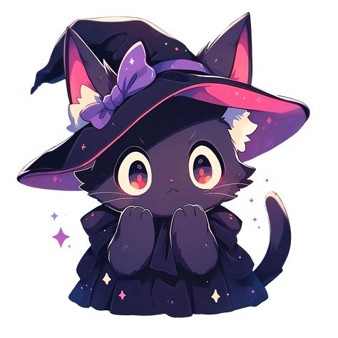 Cute Kawaii Magical Witches Cat In Pink and Purple Pastel Sticker Cat In Pink, Witches Cat, Wizard Cat, Witch Drawing, Chibi Cat, Magic Cat, Purple Pastel, Witch Cat, Anime Pixel Art