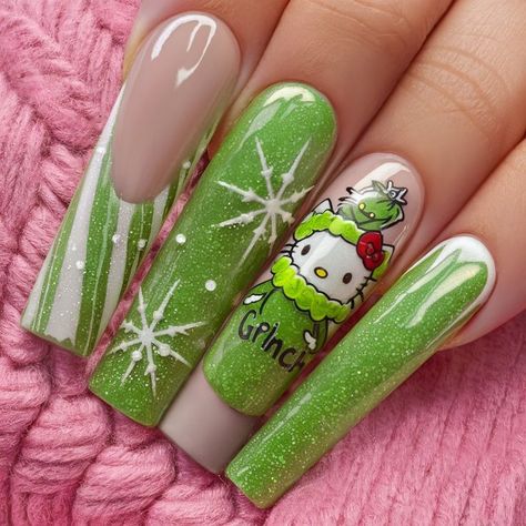 A combination of Hello Kitty and Grinch characters on sparkly green nails makes this design cute and festive. Snowflake accents add a wintry touch, making this a fun and whimsical choice for the holiday season. The Grinch Christmas Nails Acrylic, Grinch Nails Designs Short, Grinch Hello Kitty, Grinch Christmas Nail Designs, Green Grinch Nails, Grinch Nails Short, Grinch Nails Designs Easy, Grinch Nails Acrylic, Night Before Christmas Nails