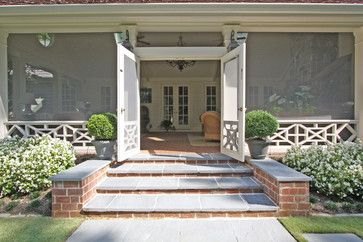 Screen Porch Panels, Screened Porch Doors, Double Screen Doors, French Doors With Screens, Brick Porch, Front Porch Steps, Traditional Porch, Porch Design Ideas, Screened Porch Designs