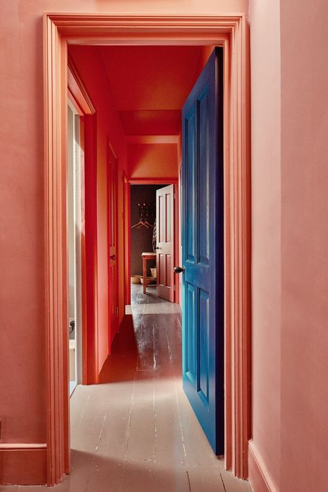 Emily Johnson 1882 home Hallway Colour Ideas, Eclectic Hallway, Entryway Color, Orange Hallway, Jungle Themed Bedroom, Colourful House, Hallway Colours, Narrow Hallway Ideas, Colorful Interior