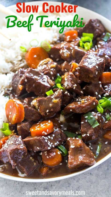 Slow Cooker Beef Teriyaki is very easy to make and a perfect weeknight meal. Just add all the ingredients to the crockpot and cook, and I guarantee you will enjoy it! #slowcooker #pressurecooker #beefrecipes #asianrecipes #easyrecipes #sweetandsavorymeals Easter Entrees, Beef Teriyaki, Teriyaki Beef, Slow Cooker Recipes Beef, Stew Meat Recipes, Recipes Beef, Crockpot Recipes Beef, Stew Meat, Crockpot Beef