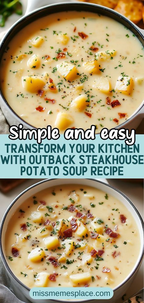 Dive into the warm, creamy goodness of the famous Outback Steakhouse Potato Soup right in your own kitchen. This copycat recipe is packed with tender russet potatoes, smoky bacon, and a hint of garlic, creating a flavor explosion that rivals your favorite restaurant. Perfect for chilly evenings or as a comforting appetizer, this hearty potato soup is easily customizable—add extra cheese or spices to make it your own. Follow our step-by-step instructions to impress your family and friends Russet Potato Soup, Outback Potato Soup, Outback Recipes, Steakhouse Potatoes, Russet Potato Recipes, Restaurant Recipes Famous, Potato Bacon Soup, Best Potato Soup, Potato Appetizers