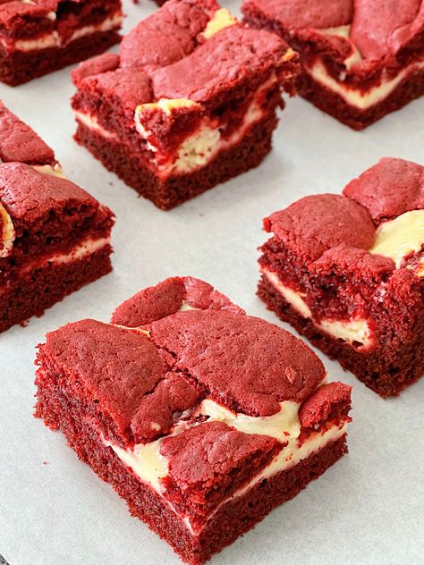 Get the best of both worlds with these red velvet brownies. Made with a cake mix and topped with a creamy cheesecake layer, they're the ultimate indulgence! Red Velvet Brownies From Box Cake Mixes, Red Velvet Cream Cheese Brownies, Brownie Mix Desserts, Food Sale Ideas, Red Velvet Brownies Recipe, Cake Mix Bars, Red Velvet Cheesecake Brownies, Cake Mix Brownies, Red Velvet Waffles