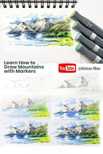 Landscape Alcohol Markers, Mountain Marker Drawing, Sketching With Markers, Landscape Marker Drawing, Alcohol Marker Landscape, Art With Alcohol Markers, Marker Landscape Art, How To Draw With Markers, Copic Marker Art Tutorials