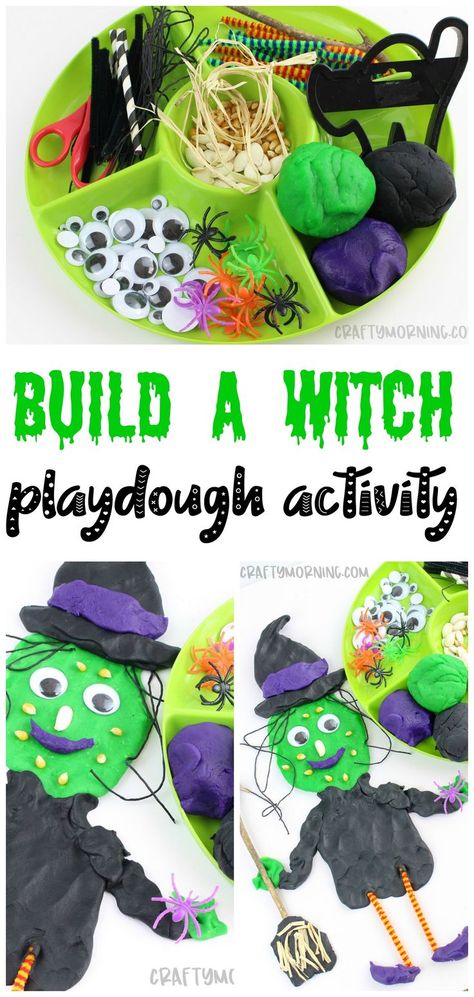 Make a fun build a witch playdough station for the kids! Fun playdoh halloween activity. Halloween activities so fun for preschool or kindergarten! Playdough Station, Sensory Gym, Craft Activities For Toddlers, Gym Activities, Halloween School Treats, Crafty Morning, Halloween Sensory, Playdough Activities, Holiday Kids