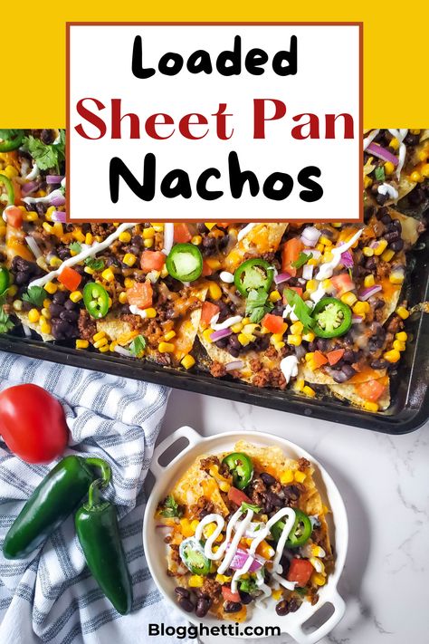 Layered Nachos Baked, Sheet Pan Nachos Chicken, Oven Nachos Recipes, Sheet Pan Nachos Ground Beef, Nachos For A Crowd, Nachos In The Oven, Nachos Oven, Oven Nachos, Nachos In Oven