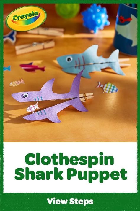 Shark Clothespin, Shark Week Crafts, Shark Puppet, Shark Activities, Beach Themed Art, Shark Craft, Puppet Craft, Ocean Theme Classroom, Beach Themed Crafts