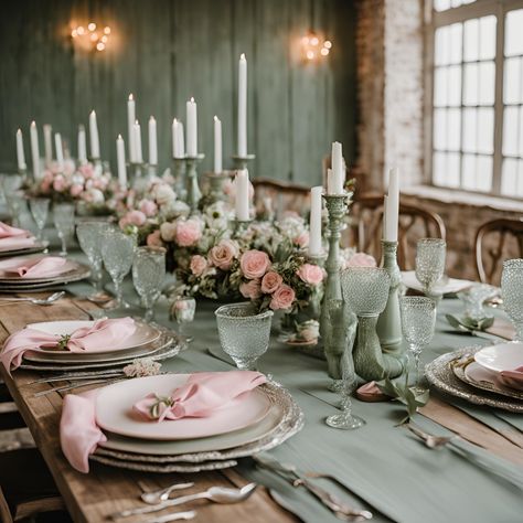 Sage Green And Blush Table Setting, Pink And Green Wedding Reception, Sage Green And Blush Wedding Theme, Sage Green And Dusty Pink Wedding, Green And Pink Wedding Table, Sage And Dusty Rose Wedding, Sage Green Pink Wedding, Sage Pink Wedding, Blush Pink And Sage Green Wedding