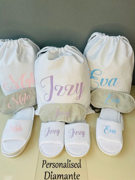 Personalised Sleepover white draw string bag set , eye mask, spa slippers Sleepover Kit, Mask Spa, Slumber Party Birthday, Spa Slippers, Pamper Party, Sleep Masks, 9th Birthday Parties, Cotton Gift Bag, Cotton Gift