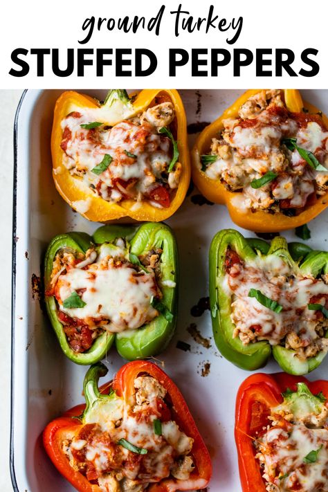 These light and healthy Ground Turkey Stuffed Peppers always make for an easy, protein-packed dinner! They’re stuffed with an aromatic turkey filling, topped with marinara and cheese, and are naturally keto, low carb and gluten free. Low Carb Dinner Turkey, Healthy Ground Turkey Stuffed Peppers, Stuff Bell Peppers Recipe Ground Turkey Low Carb, Stuffed Peppers Macro Friendly, Macro Stuffed Peppers, Clean Eating Stuffed Peppers, Turkey Stuffed Peppers Recipe, Stuffed Peppers With Turkey Meat, Light Protein Dinner