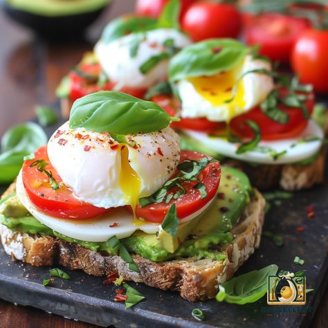 Caprese Avocado Toast with Poached Egg Caprese Avocado Toast, Avocado Toast With Poached Egg, Caprese Avocado, Luxurious Breakfast, Poached Egg Recipe, Avocado Toast Breakfast, Chili Lime Seasoning, Avocado Toast Egg, Spring Menu