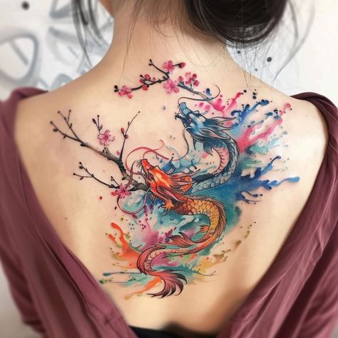 This stunning upper back tattoo features a pair of intricately designed Japanese dragons intertwined around a blooming cherry blossom branch. Dragons Intertwined, Upper Back Tattoo, Blue Dragon Tattoo, Japanese Dragons, Flower Shoulder Tattoo, Cute Cat Tattoo, Japanese Dragon Tattoo, Dragon Tattoo For Women, Foot Tattoos For Women