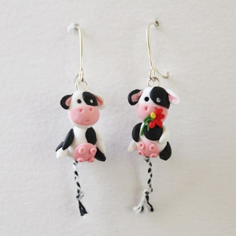 Cute cow earrings, polymer clay earrings, hand sculpted earrings, dangle earrings, animal earrings, fun earrings, nikel free earrings, cows Diy Cow Earrings, Cow Earrings Polymer Clay, Polymer Clay Cow Earrings, Gay Earrings, Cow Clay, Sculpted Earrings, Polymer Clay Cow, Clay Cow, Business Tiktok