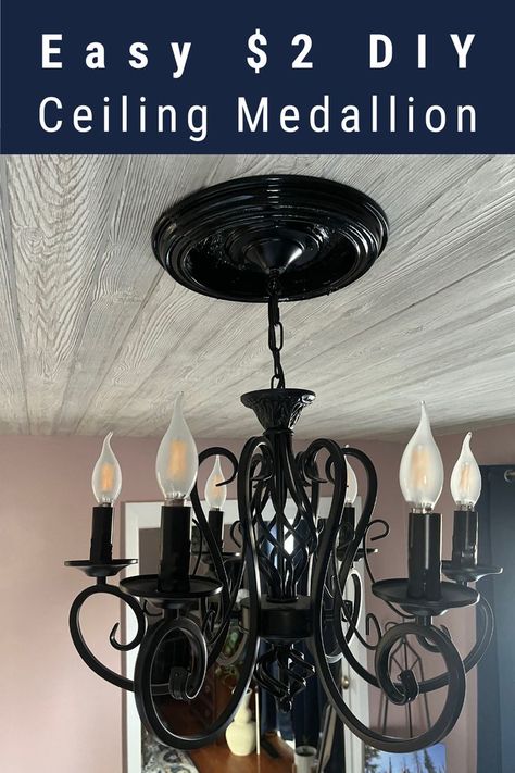 A DIY ceiling medallion surrounds a black chandelier in a pink cottage master bedroom. Diy Ceiling Medallion, Ceiling Medallions Diy, Refinish Wood Furniture, Types Of Ceilings, Chandelier Chain, Stripping Paint, Ceiling Texture, Diy Ceiling, Ceiling Medallion