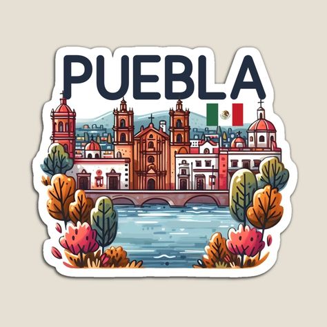 Get my art printed on awesome products. Support me at Redbubble #RBandME: https://www.redbubble.com/i/magnet/Puebla-Mexico-by-WanderlustCoCo/163531224.TBCTK?asc=u Blue Cityscape, Mexico Design, Mexican Flag, Mexican Flags, Beautiful City, Dad Hats, Colorful Prints, Cityscape, Awesome Products