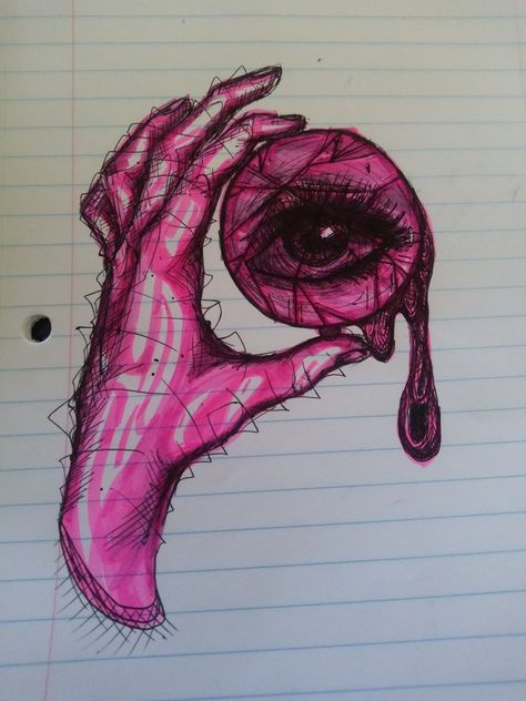 Holding Eye Open Reference, Pen And Highlighter Art, Hand Coming Out Of Eye, Hand Drawings On Hand With Pen, Highlighter Sketch, Aesthetic Sketchbook, Inktober Ideas, Eye Sketch, Sketchbook Inspo