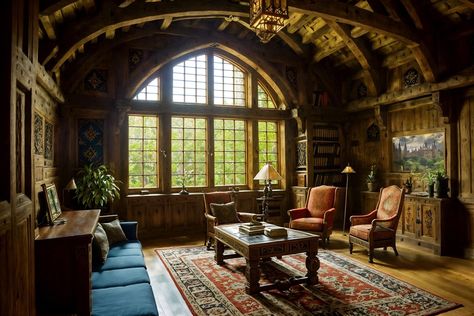 medieval-style (office interior) with plants and lounge chairs and office desks and office chairs and seating area with sofa and windows and cabinets and desk lamps. . with castle interior and stone walls and intricate wooden inlay designs and carvings and deep colors like red, gold, or blue and timber beams and heavy furniture pieces and castle interior and castle interior. . cinematic photo, highly detailed, cinematic lighting, ultra-detailed, ultrarealistic, photorealism, 8k. medieval interio Interior With Plants, Medieval Modern, Wooden Inlay, Castle Interior, Medieval Furniture, Castles Interior, Cinematic Lighting, Timber Beams, Medieval Style