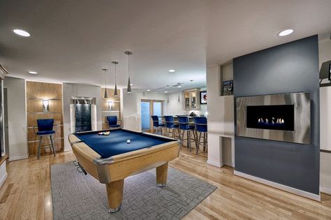 A billiard room (or pool room) is a recreation room, such as in a house or recreation center, with a billiards, pool or snooker table. A one-table billiard Modern Pool Table Room, Modern Billiard Room, Billiard Room Design, Pool Room Ideas, Basement Apartment Decor, Finished Basement Designs, Modern Media Room, Small Basement Apartments, Modern Pool Table