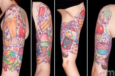 Candyland Candyland Tattoo, Dessert Tattoo, Half Sleeve Tattoos Color, Ice Cream Tattoo, Tattoo Nightmares, Candy Tattoo, Cupcake Tattoos, See Tattoo, Bright Tattoos