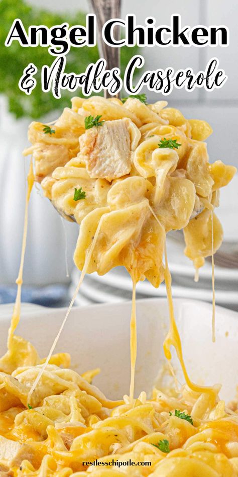 Creamy, cheesy angel chicken and noodles casserole has been leveled up with the addition of <span class="wprm-glossary-term wprm-glossary-term-43810 wprm-tooltip" data-tooltip="high fat dairy product/ also to beat one or more ingredients, usually margarine or butter, sugar, and/or eggs, until the mixture is smooth and fluffy.">cream</span> cheese, garlic, and delicious Italian flavors. If you love my crockpot angel chicken you've gotta try this recipe! Chicken Egg Noodle Casserole Recipes, Chicken Divan Casserole With Noodles, Cheesy Chicken And Noodle Casserole, Chicken And Egg Noodle Casserole, Angel Noodle Recipe, Cheesy Chicken Noodles, Egg Noodle Chicken Recipes, Cafeteria Noodles With Cream Of Chicken, Pasta With Cream Of Chicken Soup