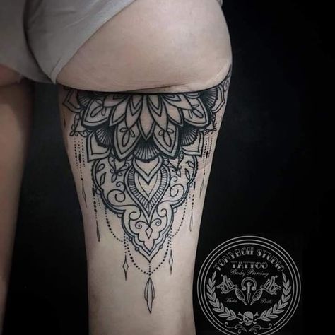 Lower Back Buttocks Tattoo, Underbutt Tattoo Woman, Cute Buttcheek Tattoo, Bum Mandala Tattoo, Behind The Leg Tattoo, Under The Buttcheek Tattoo, Under Bootie Tattoo, Hip Thigh Tattoos Mandalas, Under Buttcheek Tattoo