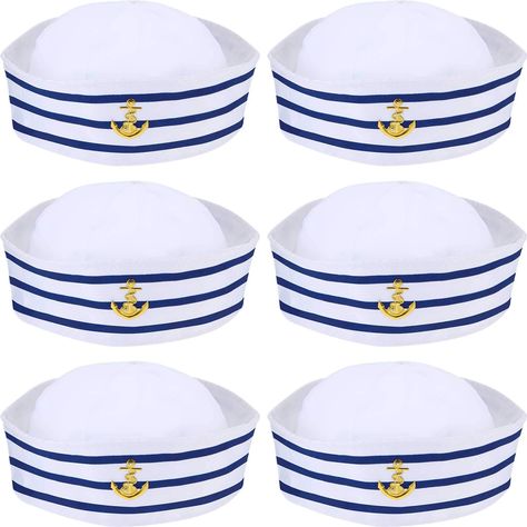 PRICES MAY VARY. What you get: there are 6 pieces blue with white sailor hats that are suitable for cosplay parties and they can make you a cool handsome sailor with this simple ornament Multiple usages: this sailor hat is suitable for Halloween costume, sailor costume, nautical boat parties, cruises, vacations, fishing, sailing, pretend games, theater performances, etc. Reliable materials: made of metal, polyester with blue and white stripes, the blue with white sail hat is good-looking and in Navy Costume, Funny Cosplay, Nautical Themed Party, Ahoy Matey, Boat Captain, Navy Sailor, Navy Hats, Sailor Hat, Anchor Print