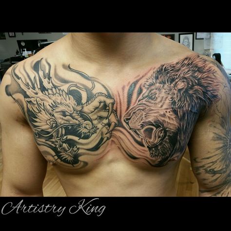 Dragon Tattoo On Chest, Lion Chest Tattoo, Dragon Tattoo Chest, Chest Tattoo Drawings, Full Chest Tattoos, Tattoo On Chest, King Tattoo, Japanese Dragon Tattoo, Dragon Sleeve Tattoos