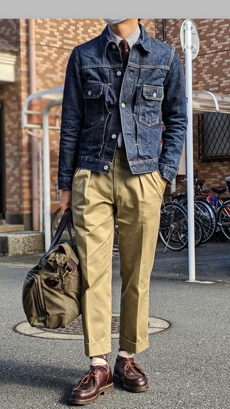 Mens Chore Coat Outfit, Ametora Style Men, Japan Americana Style, Amekaji Mens Fashion, Paraboot Outfit, Amekaji Style, Ametora Style, Denim Jacket Outfit Mens, Americana Fashion Men