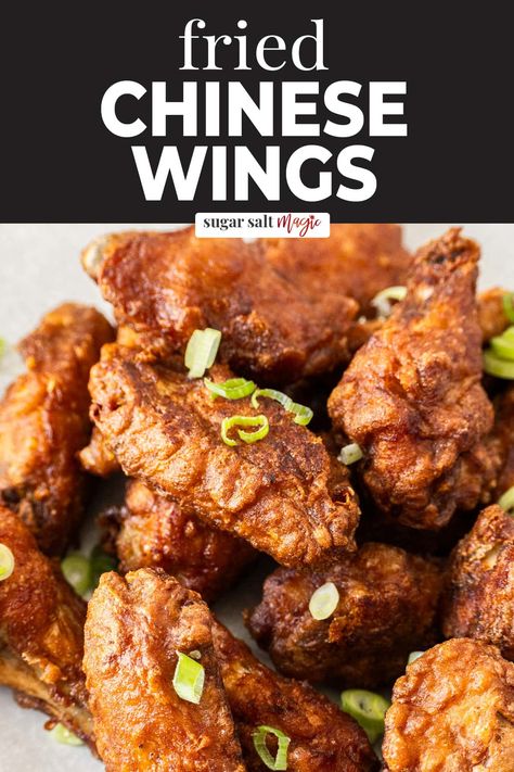 These Chinese fried chicken wings are so easy to make and taste incredible! Tender and juicy wings with a flavourful crunchy coating. Flavored Wings Recipes, Filipino Chicken Wings, Crispy Fried Chicken Wings Deep Fryer, Double Fried Chicken Wings, Chinese Fried Chicken Recipes, Battered Wings, Wings Flavors, Chinese Chicken Wings Recipe, Chinese Fried Chicken Wings