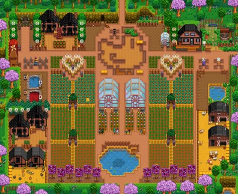 Stardew Valley Farm Layout Beehive, Stardew Valley Fruit Trees Layout, Wilderness Farm Stardew Valley, Stardew Standard Farm Layout, Stardew Beehive Layout, Stardew Farm Layout Standard, Standard Farm Stardew Valley, Stardew Valley Farm Layout Aesthetic, Standard Farm Layout Stardew