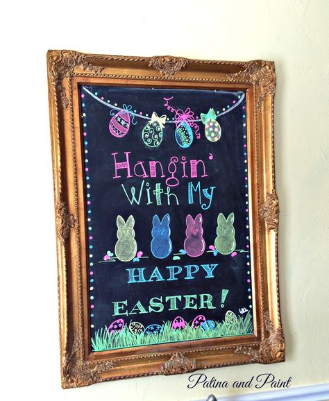 White Side Table Decor, Easter Chalkboard Ideas, Easter Chalkboard Art, Hanging With My Peeps, Spring Chalkboard, Easter Chalkboard, Easter Table Setting, White Side Table, Happy First Day Of Spring