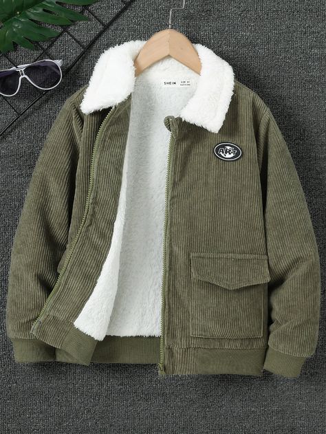 Army Green Casual Collar Long Sleeve Woven Fabric Letter Other Embellished Non-Stretch  Boys Clothing Sherpa Lined Hoodie, Boy Outerwear, Men Stylish Dress, Boys Fleece, Fire Fits, Cool Outfits For Men, Mens Fashion Casual Outfits, Mens Casual Dress, Boys Jacket