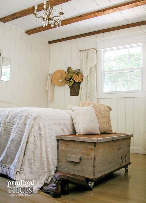 Farmhouse Chic Bedroom with Industrial Style Cedar Chest Made New by Prodigal Pieces | www.prodigalpieces.com Farmhouse Chic Bedroom, Chest Bedroom, Bedroom Rustic, Bedroom Curtains, Cedar Chest, Wooden Storage Boxes, Industrial Farmhouse, Chic Bedroom, Farmhouse Bedroom