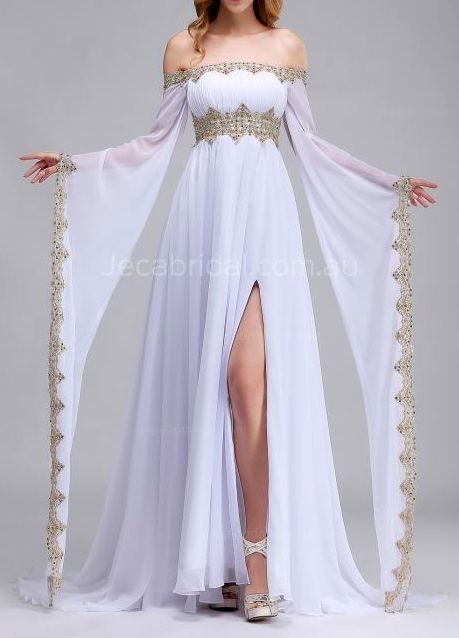 White And Gold Egyptian Dress, Greek Goddess Dress Off Shoulder, White Goddess Dress, Egyptian Dress, Medieval Wedding Dress, Greek Dress, Old Fashion Dresses, Goddess Dress, Fantasy Gowns