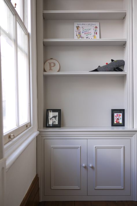 Living Room Alcove Cupboards, Alcove Shelves, Alcove Cupboards, Cornforth White, Kitchen Lounge, Sitting Room, Farrow Ball, Corner Bookcase, Cupboard