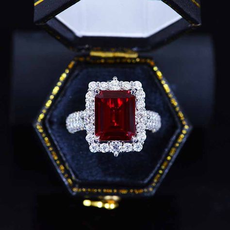 Emerald Cut Ruby Engagement Ring. . . . #emeraldcut #genuine #rubyring #rubyred #rubyengagementring #whitegold #engagement #engagementring #haloring #engagementrings #engagementringideas #EngagementRingInspiration #engagementringgoals #Rubys #rubyjewelry Engagement Ring With Eternity Band, Ruby Jewelry Ring, Red Engagement Ring, Center Stone Engagement Ring, Ruby Wedding Rings, Engagement Ring Halo, Future Engagement Rings, Ring Halo, Emerald Engagement Ring Cut