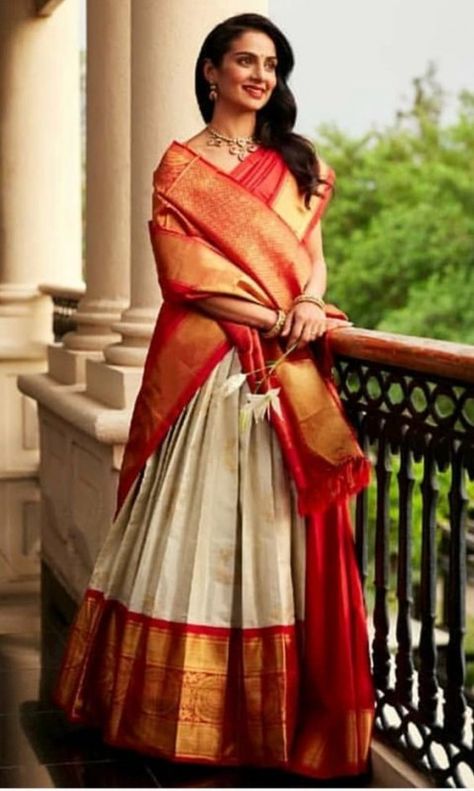 Drape Silk Sarees Like A Dupatta With Regular Lehnga’s And Skirts #Threads #WeRIndia Orang India, South Indian Bride Saree, Sari Lehenga, Lehenga Style Saree, Lehenga Saree Design, Half Saree Lehenga, Gaun Fashion, Lehenga Style, Half Saree Designs