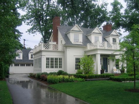 Love, Chippendale fretwork, rear detached garage, perfect size, traditional white exterior, side sunroom, porch off side , dual red brick fireplaces, Casas Coloniales, Traditional Exterior, Casa Exterior, Pool Design, Home Upgrades, Style At Home, House Goals, Pretty House, White Houses