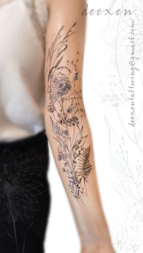 Soft Sleeve Tattoos For Women, Medium Women Tattoos, Fine Line Wildflower Tattoo Sleeve, Boho Forearm Tattoo Women, Dainty Sleeves Tattoos, Tattoo Add Ons Ideas Half Sleeves, Wildflower Forearm Tattoo Women, Sleeve Tattoos For Women Nature, Nature Half Sleeve Tattoo For Women