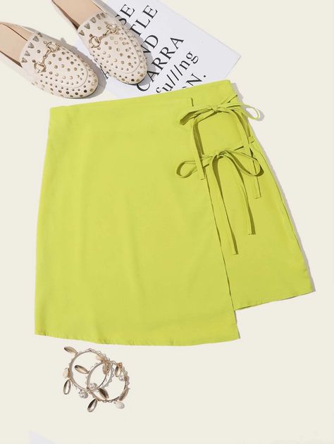 Neon Lime Tie Side Wrap Skirt | SHEIN USA Short Wrap Skirt Outfit, Wrap Skirt Outfit, Lime Green Skirt, Short Wrap Skirt, Easy Diy Clothes, Tie Skirt, Miniskirt Outfits, Tumblr Outfits, Fashion Design Clothes