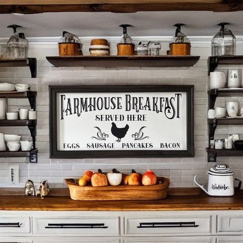 25 Kitchen Wall Decor Ideas You'll Love Black And White Farmhouse Kitchen, Farmhouse Breakfast, Vintage Inspired Signs, Farmhouse Kitchen Wall Decor, Farmhouse Kitchen Wall, Vintage Kitchens, Vintage Kitchen Utensils, Reverse Canvas, Country Style Decor