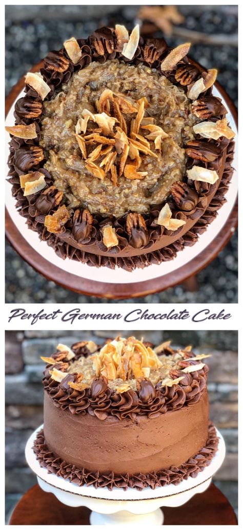 Pretty German Chocolate Cake, Decorated German Chocolate Cake, German Chocolate Cake Decorated, Bakery Favorites, German Chocolate Cake Recipe, Coconut Pecan Frosting, Coconut Frosting, Coconut Pecan, Birthday Cake Chocolate