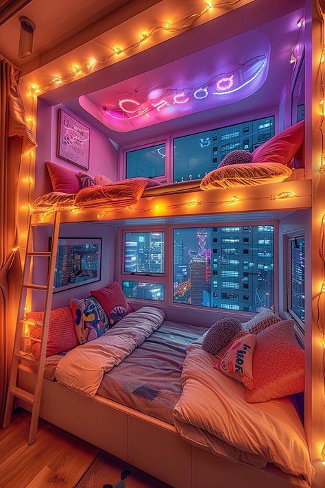 One bedroom, big bed covered with colorful lights, bunk bed, four-person bed, style based on detailed city night scene, Korean wave, y2k aesthetics, super flat, dreamlike architecture, multi-level, clear and clean, real shooting, wide Angle shooting 8K HD, HD, Two Person Room Ideas Aesthetic, Korean Bunk Bed, Weird Bedrooms, Y2k Aesthetic Bedroom, Room Ideas With Bunk Beds, Bunk Bed Rooms Decor Aesthetic, Bedroom Big Bed, Aesthetic Bunk Bed, Ugly Bedroom