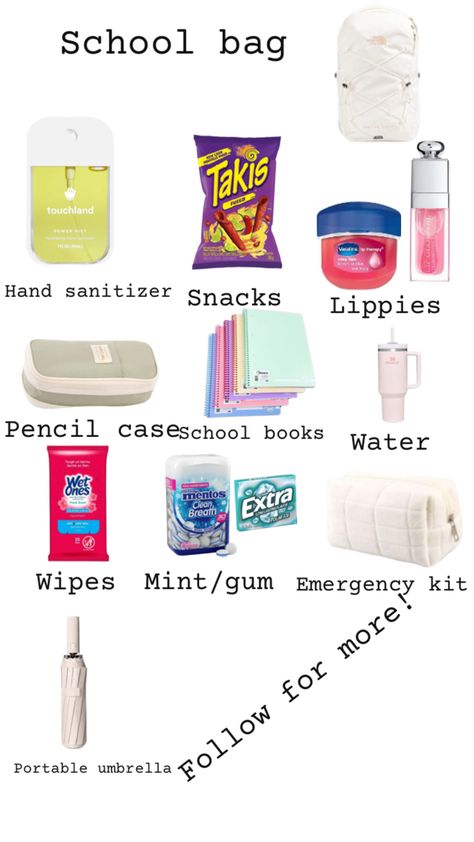 Middle School Emergency Kit List, Emergency Kit List, Sitting Bag, School Emergency Kit, Mint Gum, School Pencil Case, Emergency Bag, Bag Ideas, Emergency Kit