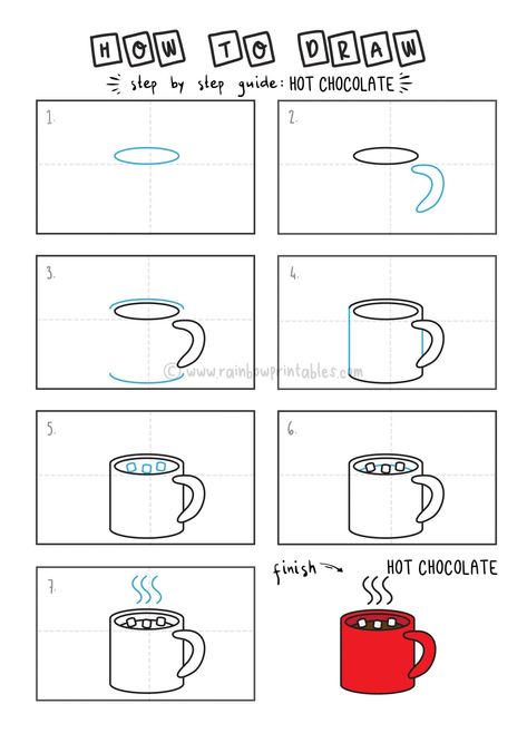 It’s good for kids to learn how to draw a cylindrical object in 2D that’s easy to follow. | Christmas Dessert, Art project for kids, Tutorial, creative art activities, boredom buster, drawing guide, winter drink, illustration, winter beverage, xmas, art for kids, HOW TO DRAW A HOT CHOCOLATE FOR YOUNG KIDS EASY DRAWINGS ART GUIDE STEP BY STEP Draw Hot Chocolate, Mug Drawing Ideas, Hot Chocolate Drawing, Hot Chocolate Art, 1st Grade Crafts, Chocolate Drawing, Mug Of Hot Chocolate, Hot Chocolate With Marshmallows, Chocolate With Marshmallows